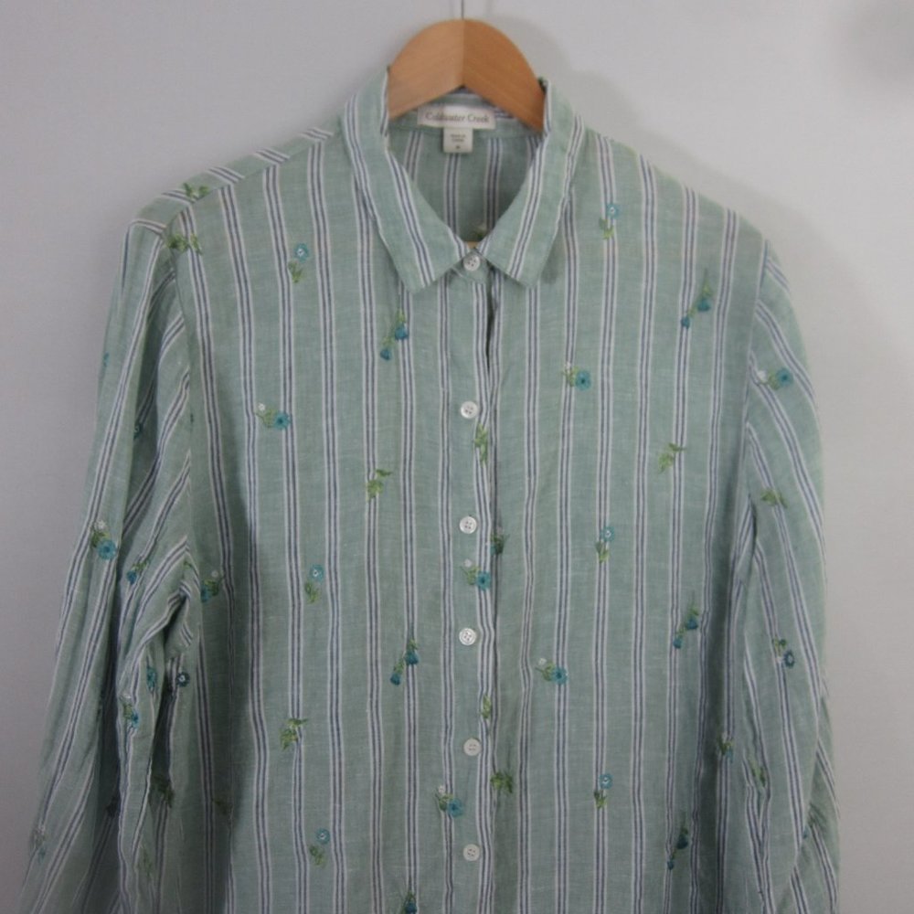 Coldwater Creek Womens M Green Striped Embroidered 3/4 Sleeve Linen Shirt Blouse